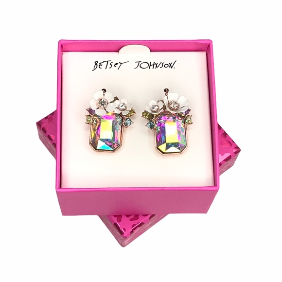 Betsey Johnson Flower Rectangle Stone Drop Earring - Picture 5 of 6